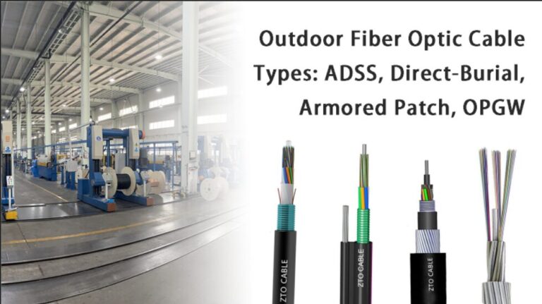 Outdoor Fiber Optic Cable Types Compared: ADSS, Direct-Burial, Armored Patch, and OPGW comparison infographic